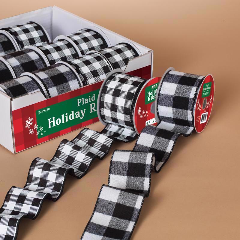 Gerson Black/White Buffalo Plaid Christmas Bow .01 in., Pack of 12