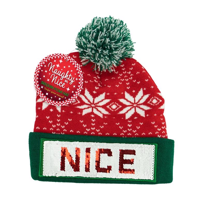 DM Merchandising Winter Naughty or Nice Santa Sequin Pom Hat Green/Red One Size Fits Most, Pack of 12