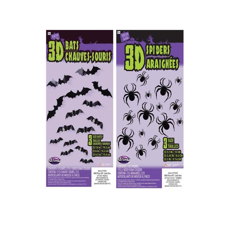 Fun World 3D Bats or Spiders Stickers Halloween Decor, Pack of 12