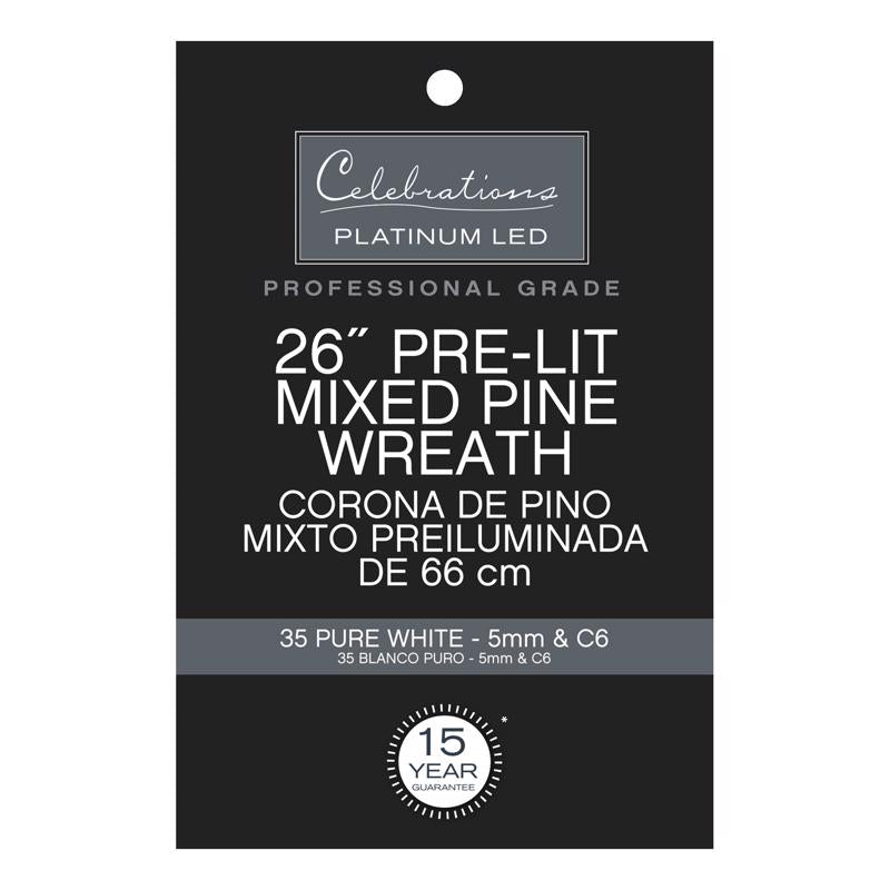 Celebrations Platinum 26 in. D LED Prelit Pure White Pine Wreath
