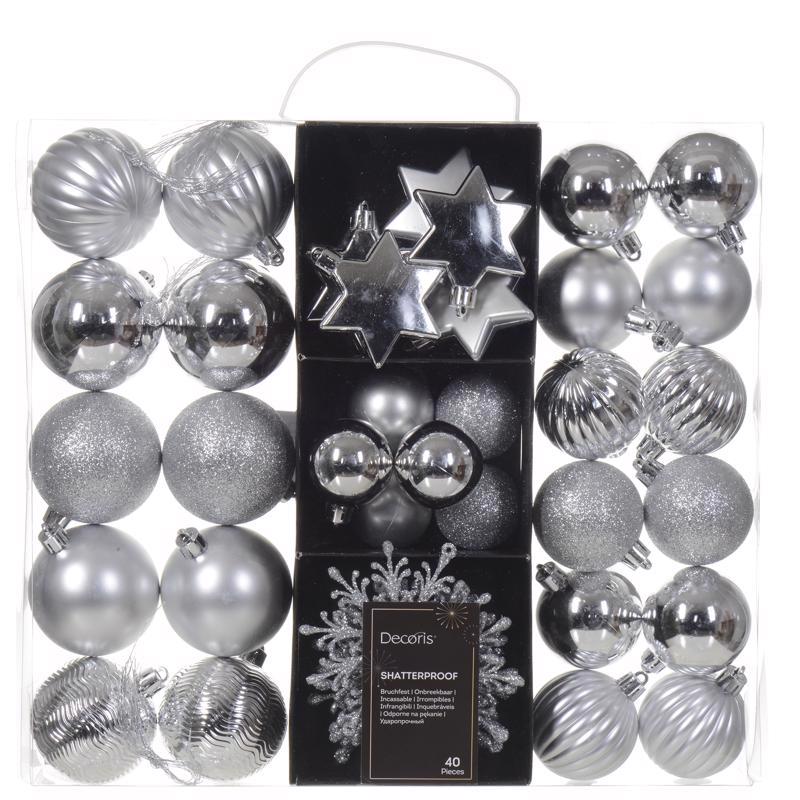 Decoris Silver Assorted Shatterproof Ornaments 2 in., Pack of 12