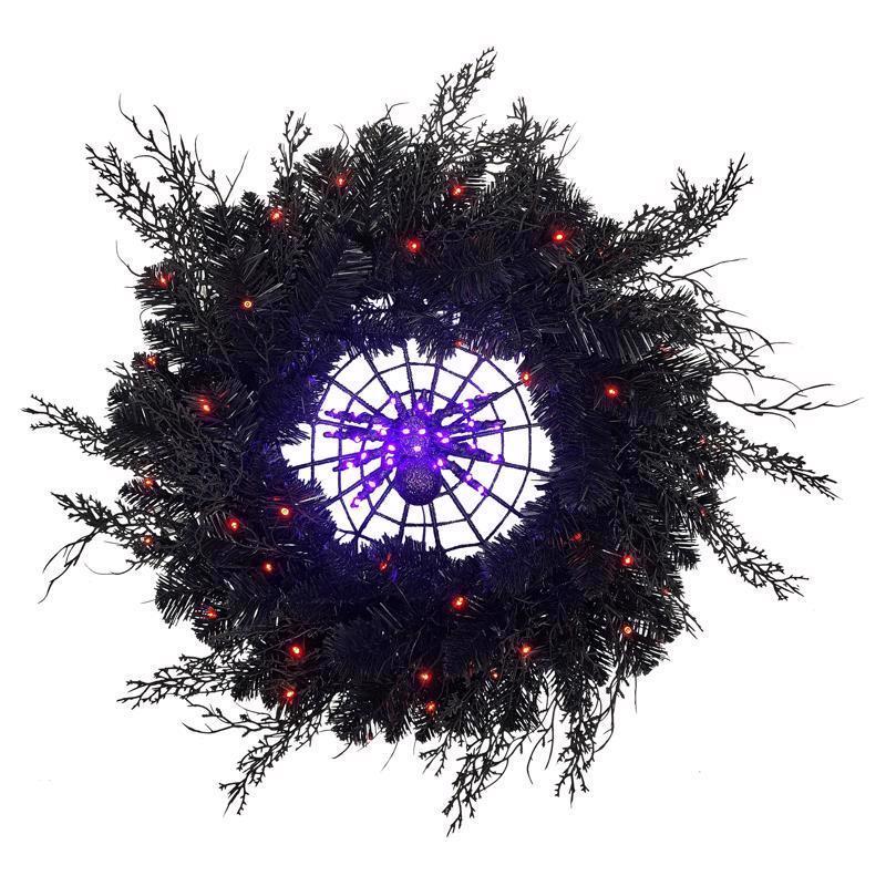Celebrations Orange/Purple 65 ct 24 in. LED Prelit Black Spider Wreath, Pack of 4