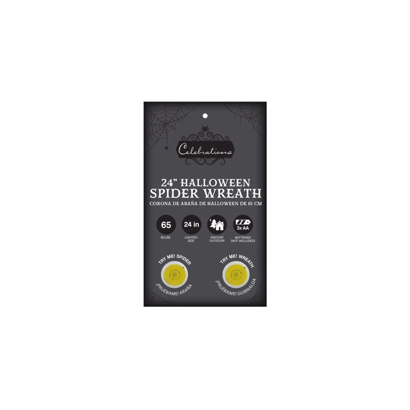 Celebrations Orange/Purple 65 ct 24 in. LED Prelit Black Spider Wreath, Pack of 4