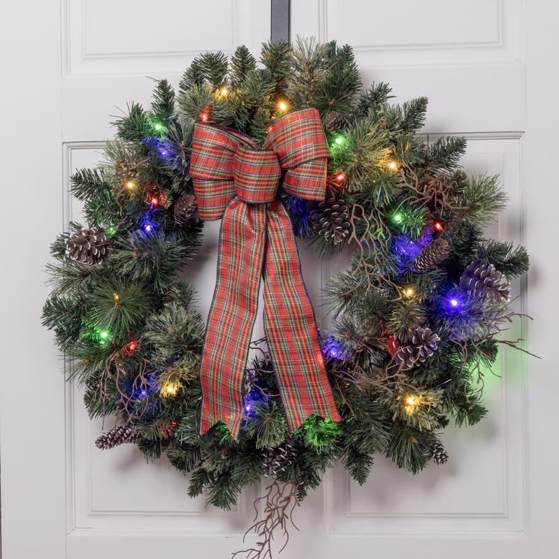 Celebrations 30 in. D LED Prelit Multicolored Twig Pine Bow Wreath, Pack of 4