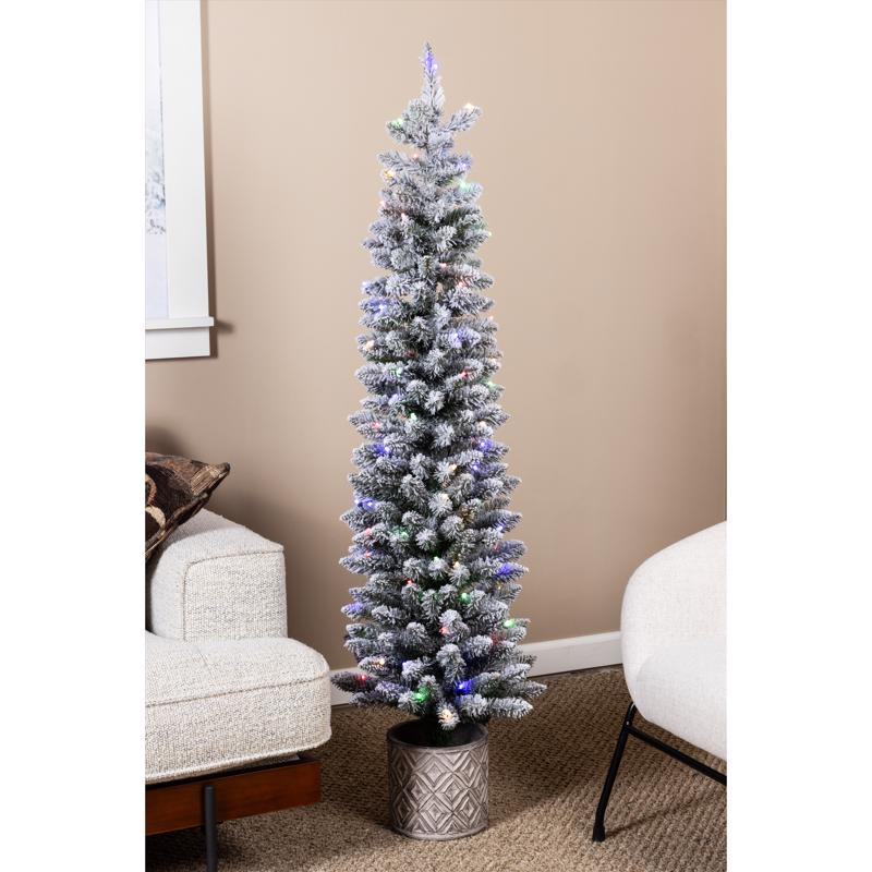 Celebrations 5 ft. Slim LED 100 ct Flocked Diamond Potted Color Changing Entrance Tree