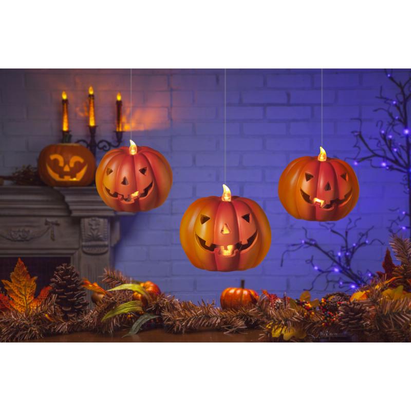 Gerson 4.5 in. Set of 3 Lighted Resin Halloween Pumpkins with Remote Hanging Decor, Pack of 6