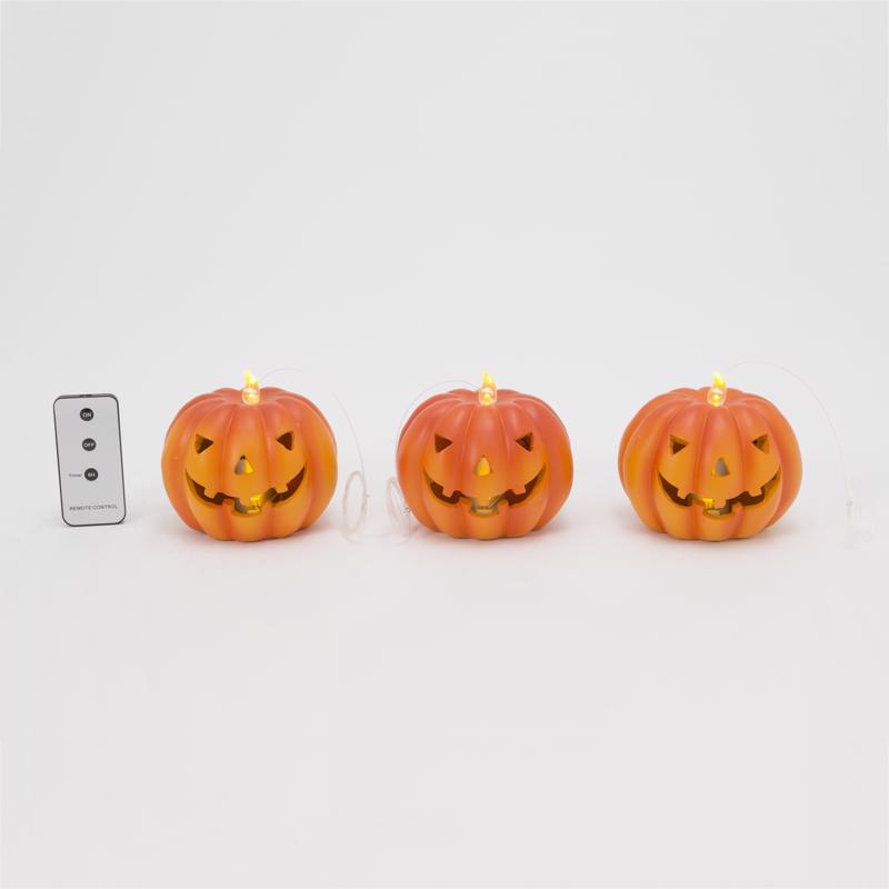 Gerson 4.5 in. Set of 3 Lighted Resin Halloween Pumpkins with Remote Hanging Decor, Pack of 6