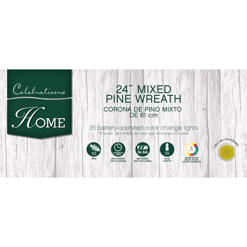 Celebrations 24 in. D LED Prelit Multicolored Mixed Pine Wreath, Pack of 4