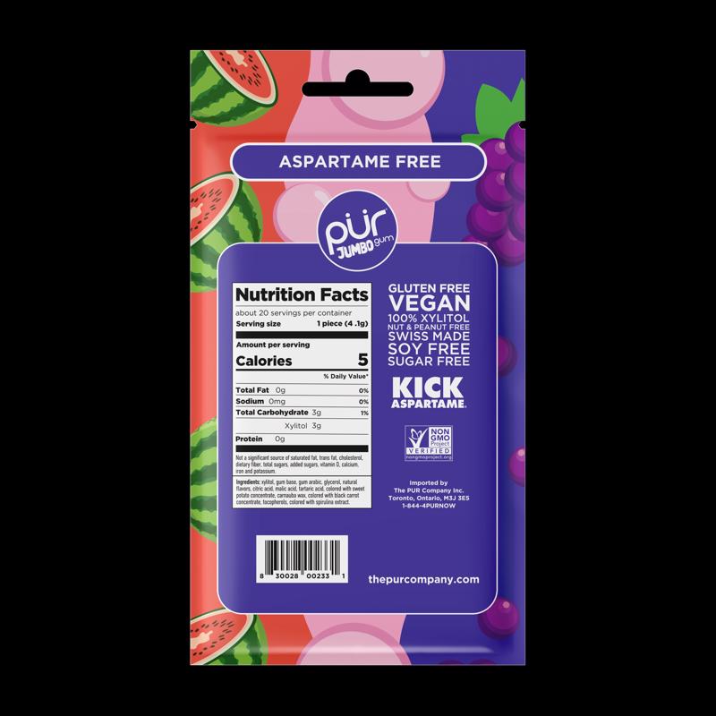 PUR Jumbo Sugar Free Grape/Bubblegum/Watermelon Chewing Gum 1 pk 2.9 oz, Pack of 10
