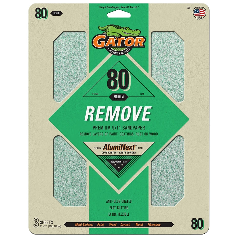 Gator AlumiNext 7261 Sanding Sheet, 11 in L, 9 in W, 80 Grit, Medium, Aluminum Oxide Abrasive