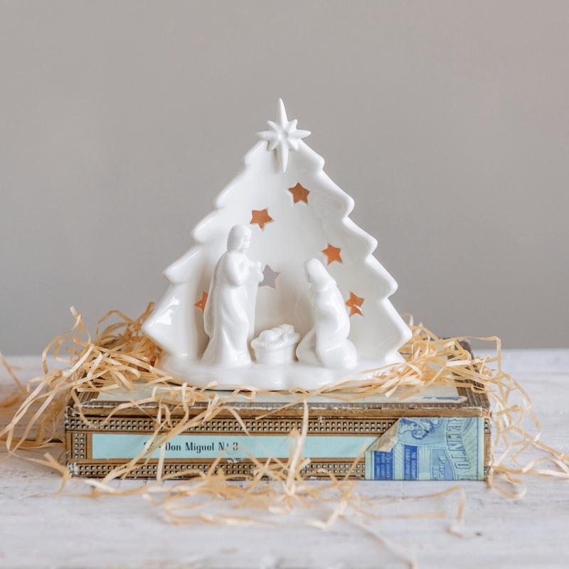 Creative Co-Op White Holy Family with Tree & Cut-Outs Table Decor 6 in., Pack of 6