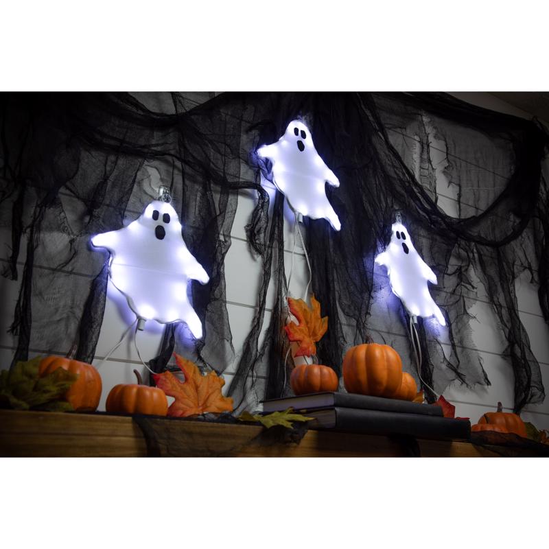 Celebrations Halloween White 16 in. LED 3 Ghost with stake Halloween Decor, Pack of 15