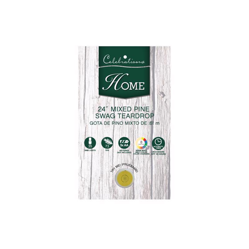 Celebrations 2 ft. L LED Prelit Multicolored/Warm White Mixed Pine Swag Teardrop Garland