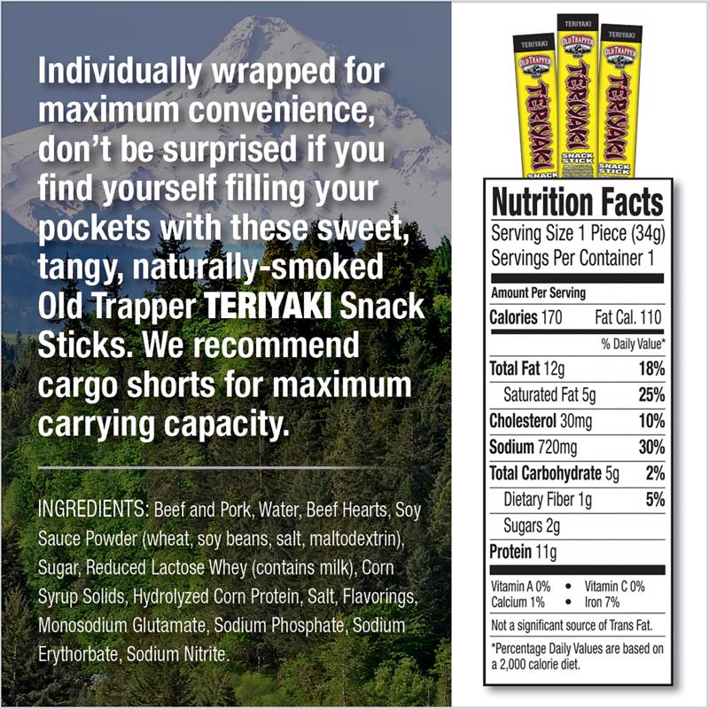 Old Trapper Teriyaki Snack Stick 1.2 oz Shrink Wrapped, Pack of 24