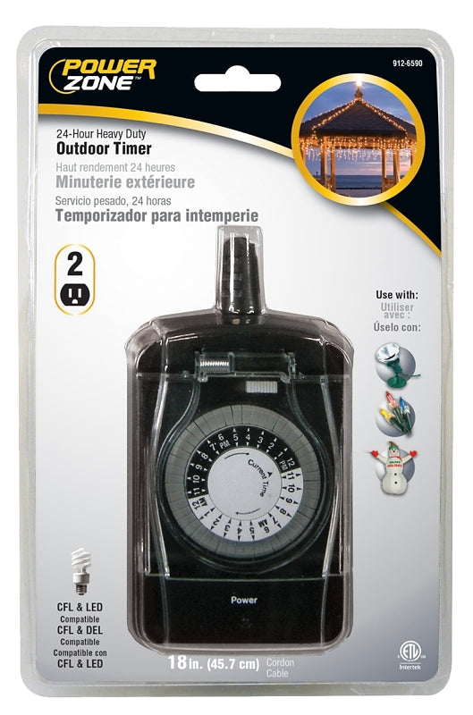 PowerZone TNO24111 Electromechanical Timer, 15 A, 125 V, 1875 W, 2-Outlet, 24 hr Time Setting, Black