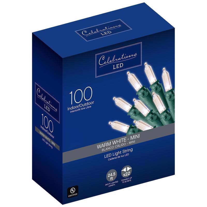 Celebrations Blue LED Mini Warm White 100 ct String Christmas Lights 24.5 ft., Pack of 12