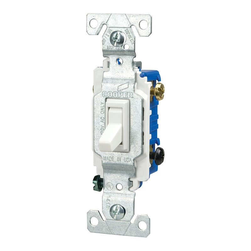 Eaton 1303W Toggle Switch, 15 A, 120 V, 3-Way, Back, Push, Side Wire Terminal, Polycarbonate Housing Material, White, Pack of 10