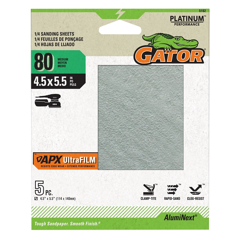 Gator 5162 Sanding Sheet, 4-1/2 in W, 5-1/2 in L, 80 Grit, Aluminum Oxide Abrasive