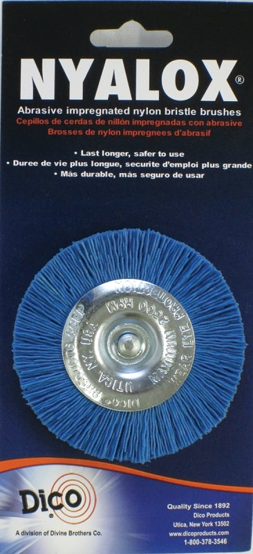 Dico 541-783-3 Mounted Wheel Brush, 3 in Dia, Nylon Bristle, 1/4 in Arbor/Shank