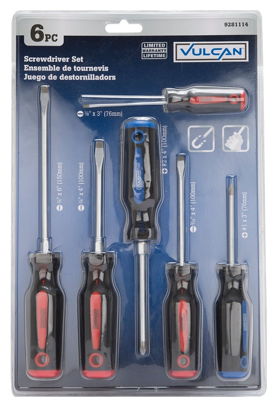 Vulcan SD-SET-6 Screwdriver Set, 6-Piece, Chrome Vanadium Steel, Chrome, Black/Blue/Red