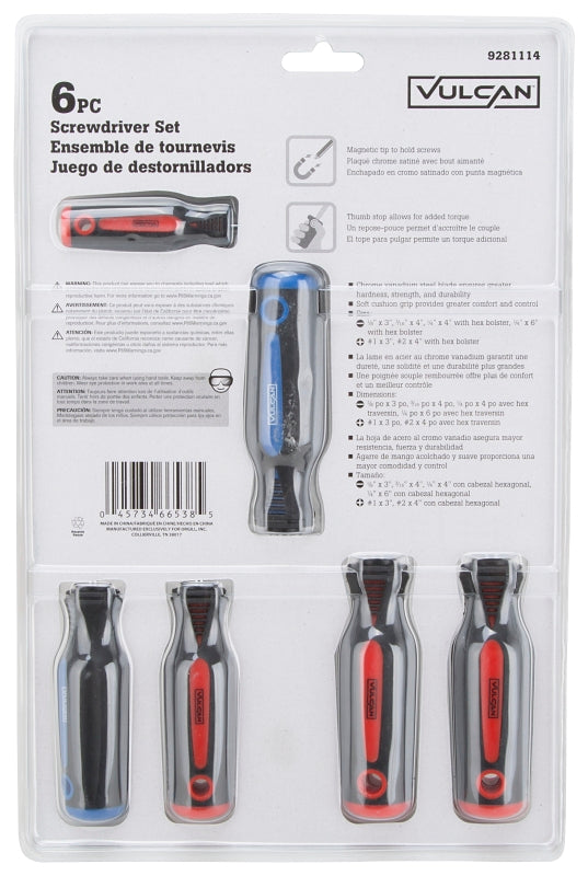 Vulcan SD-SET-6 Screwdriver Set, 6-Piece, Chrome Vanadium Steel, Chrome, Black/Blue/Red