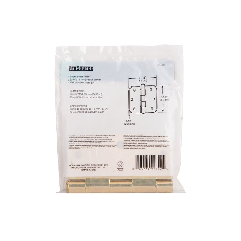 ProSource 20347BBX Door Hinge, 3-1/2 in H Door Leaf, 3-1/2 in W Door Leaf, 2.2 mm Thick Door Leaf, 3-1/2 x 3-1/2 in