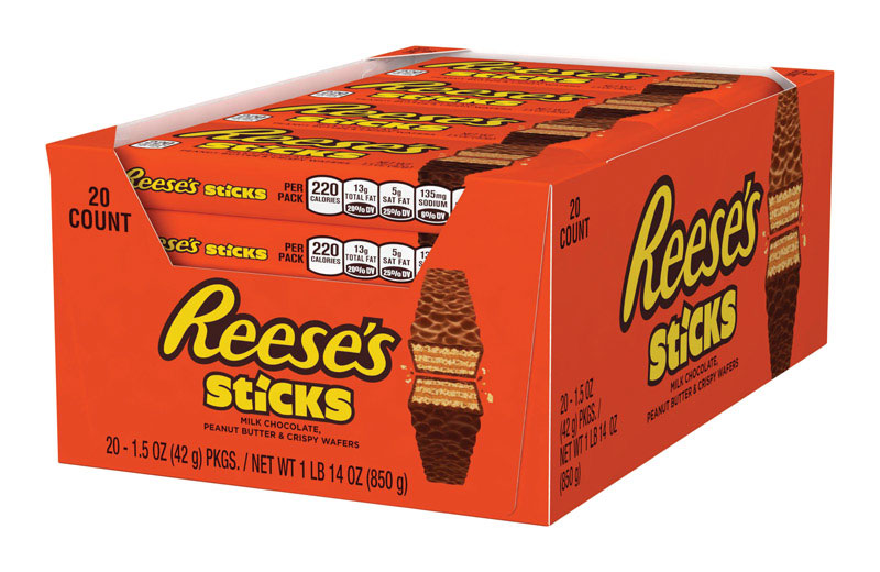 Reese's Sticks Crisp Wafer, Milk Chocolate, Peanut Butter Candy Bar 1.5 oz, Pack of 20