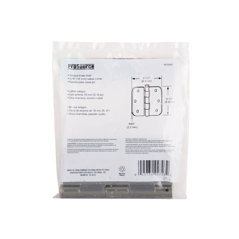 ProSource 20347ABX Door Hinge, 3-1/2 in H Door Leaf, 3-1/2 in W Door Leaf, 2.2 mm Thick Door Leaf, 3-1/2 x 3-1/2 in
