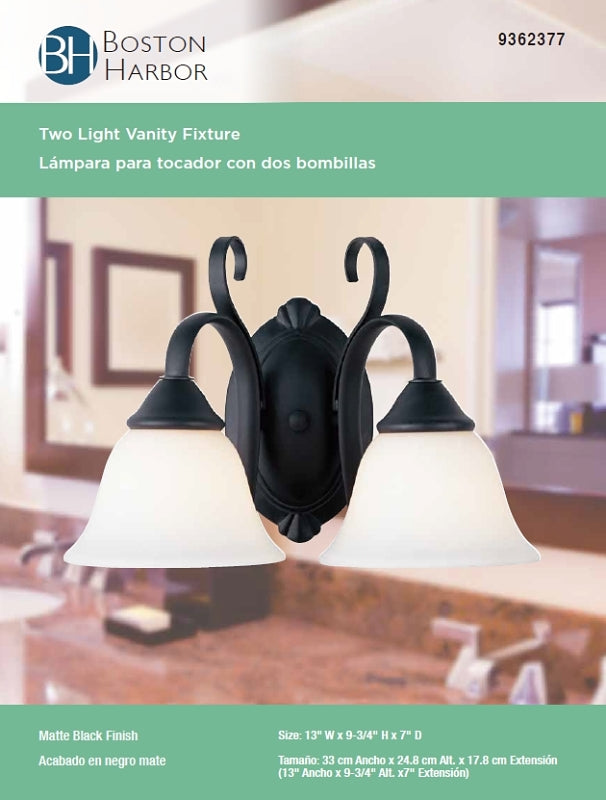Boston Harbor F3-2W Two Light Vanity Fixture, 120 V, 60 W, A19 or CFL Lamp, Steel Fixture, Matte Black Fixture