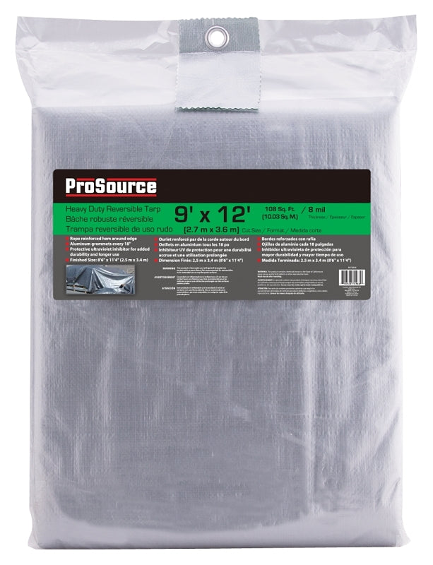 ProSource T0912GS140 Tarpaulin, 12 ft L, 9 ft W, 8 mil Thick, Polyethylene, Green/Silver