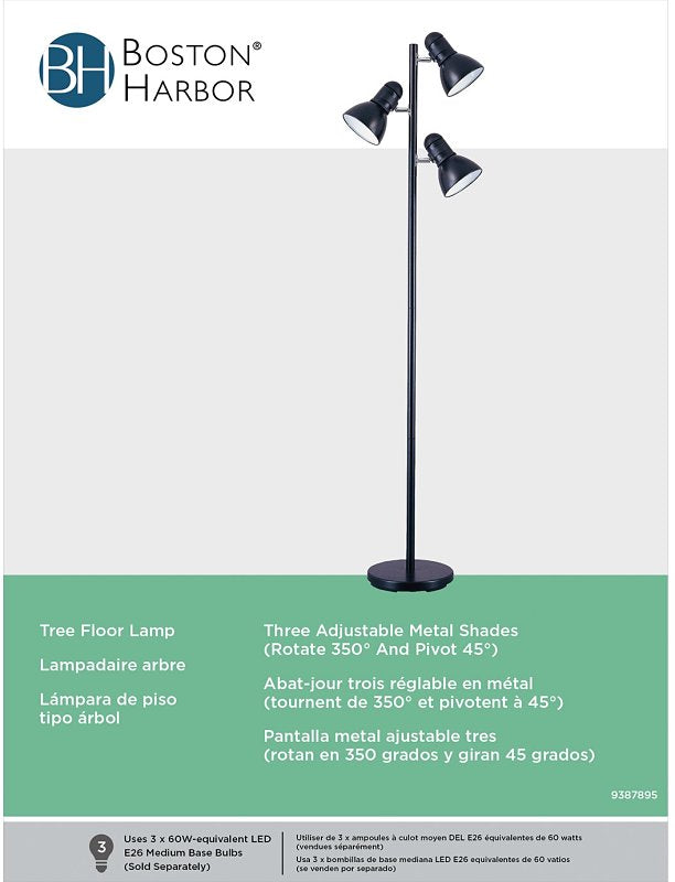 Boston Harbor TL-TREE-134-BK-3L Tree Lamp, 120 V, 180 W, 3-Lamp, Incandescent Lamp, Metal, Black Finish