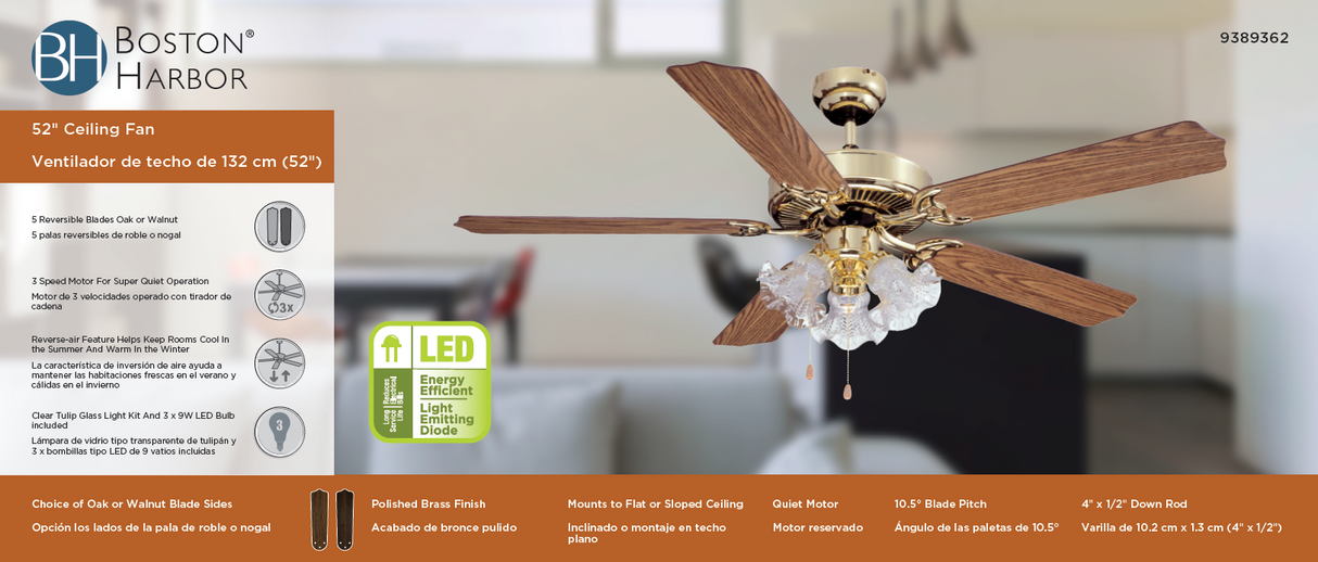 Boston Harbor CF-78021L Ceiling Fan Light Kit, 5-Blade, Oak/Walnut Blade, 52 in Sweep, 3-Speed, With Lights: Yes