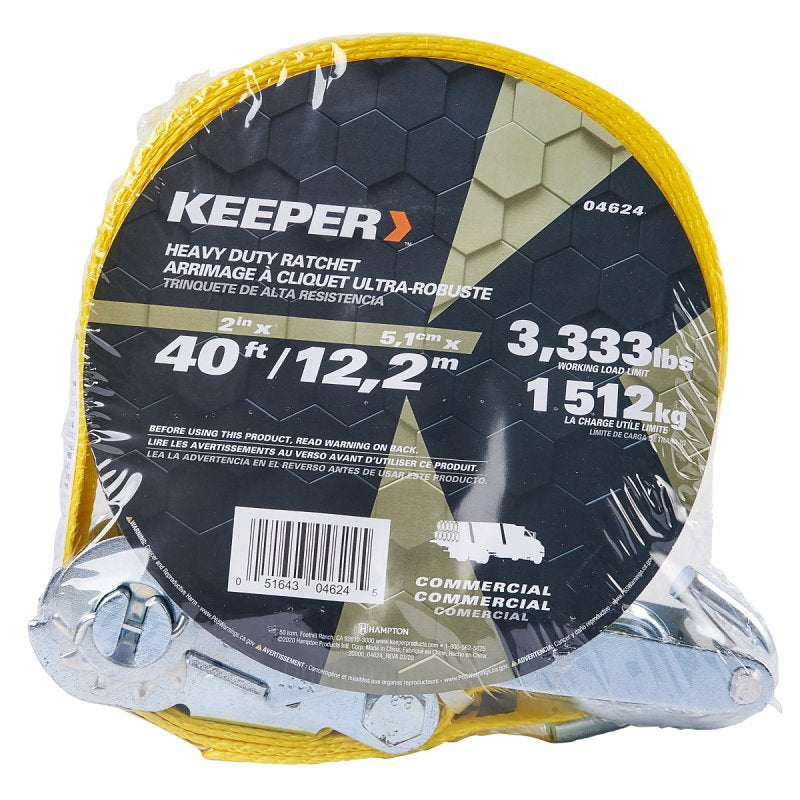 Keeper 04624 Tie-Down, 2 in W, 40 ft L, Polyester, Yellow, 3333 lb, J-Hook End Fitting, Steel End Fitting