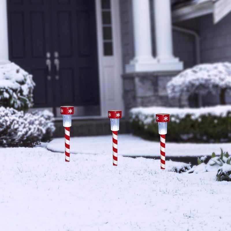 Alpine LED Cool White Solar Powered Lighted Candy Cane Stake 14 in. Pathway Decor, Pack of 48