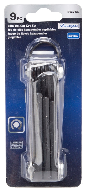 Vulcan TW-001-45M Fold-Up Hex Key Set, 9-Piece, Chrome Vanadium Steel, Black