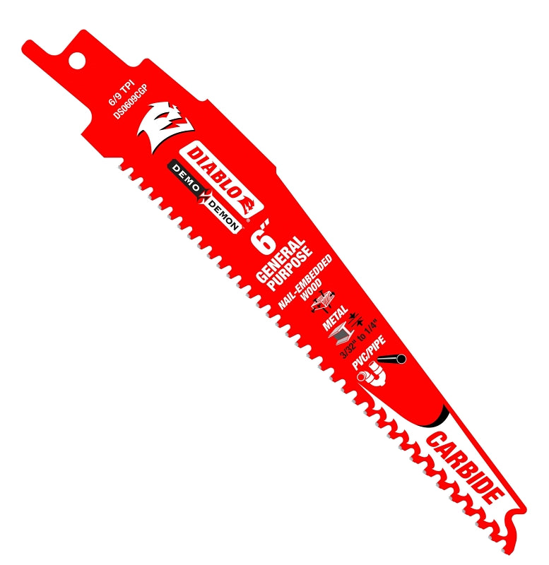 Diablo DS0609CGP Series Reciprocating Saw Blade, Applicable Materials: Metal, Plastic, Wood, 6 in L, 6/9 TPI, 1/PK