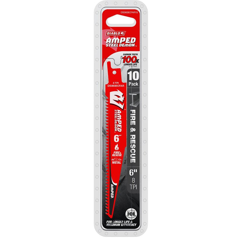 Diablo AMPED Steel Demon Series DS0608CFAR10 Reciprocating Saw Blade, 6 in L, 8 TPI, Carbide Cutting Edge