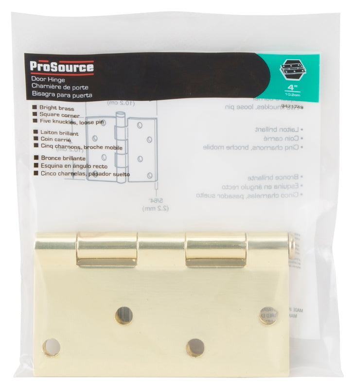 ProSource 20339BBX Square Corner Door Hinge, 4 in H Door Leaf, 1-3/4 in W Door Leaf, 2.2 mm Thick Door Leaf, 4 x 4 in