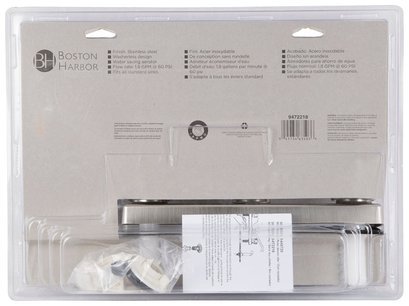 Boston Harbor JY-8201BN Kitchen Faucet, 1.8 gpm, 2-Faucet Hole, Plastic, Stainless Steel, Deck Mounting, Round Handle
