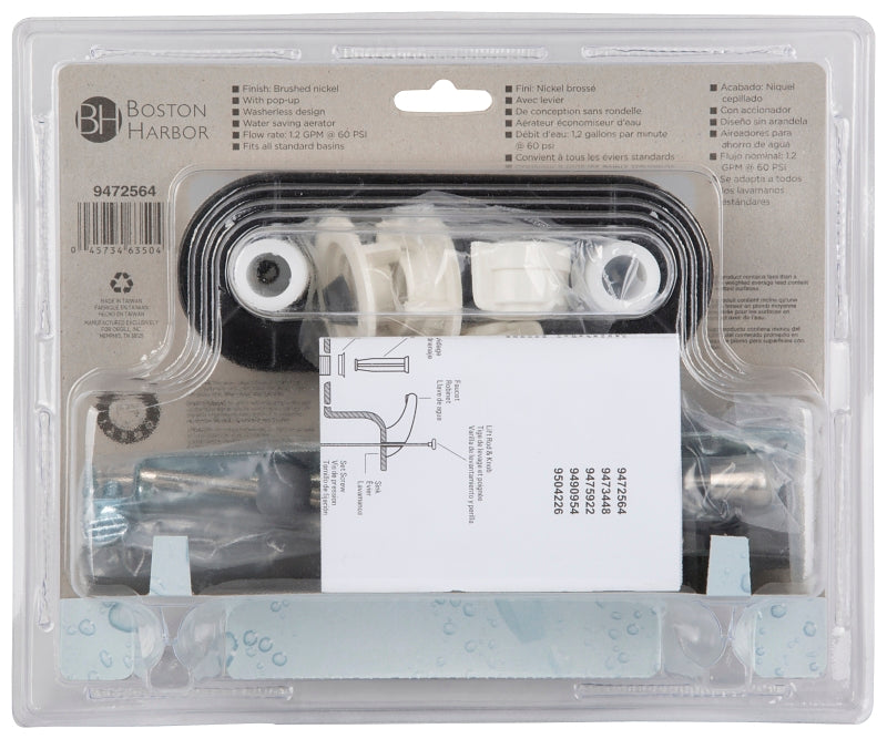 Boston Harbor JY-4233BN Lavatory Faucet, 1.5 gpm, 2-Faucet Handle, Brass, Nickel Plated, Lever Handle