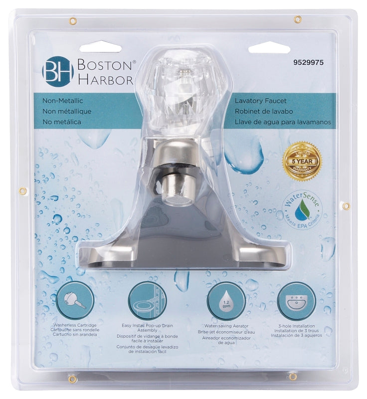 Boston Harbor JY-4100PRBN Lavatory Faucet, 1.5 gpm, 1-Faucet Handle, Brushed Nickel, Round Handle