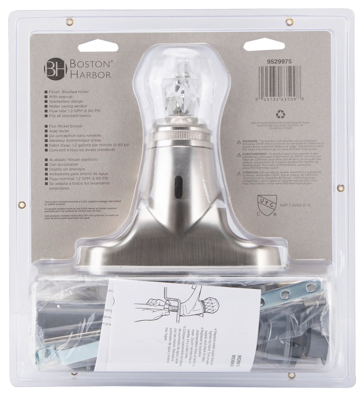 Boston Harbor JY-4100PRBN Lavatory Faucet, 1.5 gpm, 1-Faucet Handle, Brushed Nickel, Round Handle