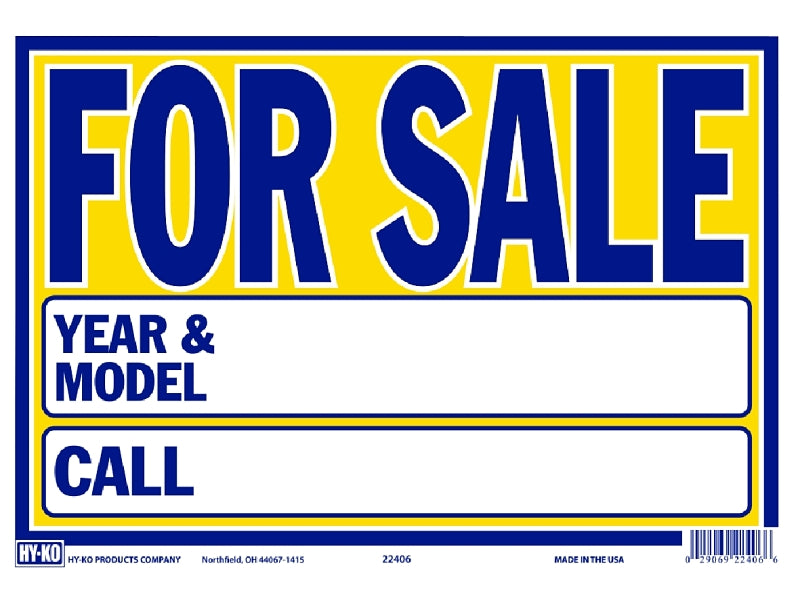 Hy-Ko 22406 Neon Sign, FOR SALE, YEAR & MODEL, CALL, Blue Legend, Yellow Background, Plastic, Pack of 10