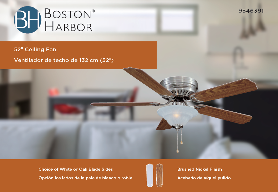 Boston Harbor CF-B-652+1F242SN Hugger Ceiling Fan, 5-Blade, Oak/Walnut Blade, 52 in Sweep, MDF Blade, 3-Speed
