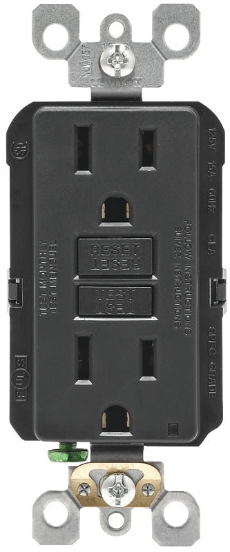 Leviton R04-GFNT1-0KE GFCI Duplex Receptacle, Polycarbonate, Black, 2-Pole, 15 A, 125 V, Wall Mounting
