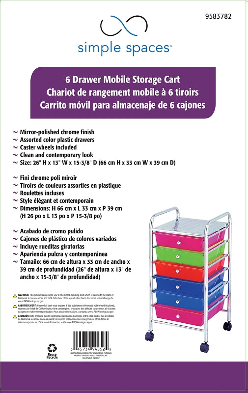 Simple Spaces G006-CH Storage Cart, 13 in OAW, 26 in OAH, 15-3/8 in OAL, 6-Shelf, Blue/Green/Orange/Pink Shelf