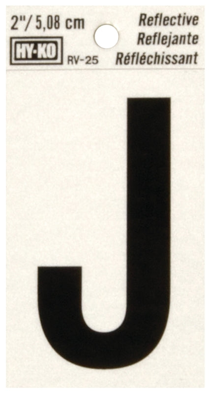 Hy-Ko RV-25/J Reflective Letter, 1-1/2 in W x 3 in H Dimensions, Character: J, 2 in H Character, Black Character, Vinyl, Pack of 10