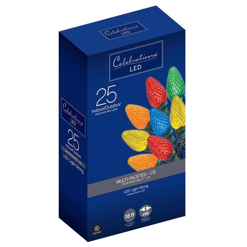 Celebrations Blue LED C9 Multicolored 25 ct String Christmas Lights 16 ft., Pack of 12