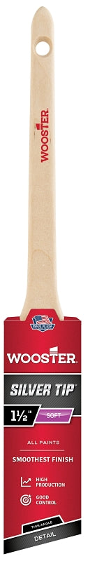 Wooster Silver Tip 5224-1-1/2 Paint Brush, 1-1/2 in W, 2-3/16 in L Bristle, Polyester Bristle, Thin Angular Handle