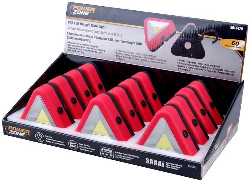 PowerZone 12620 COB LED Triangle Work Light, Red Reflector, ABS/Polystyrene Reflector, Built-in Magnet and Foldable Hook, Pack of 12